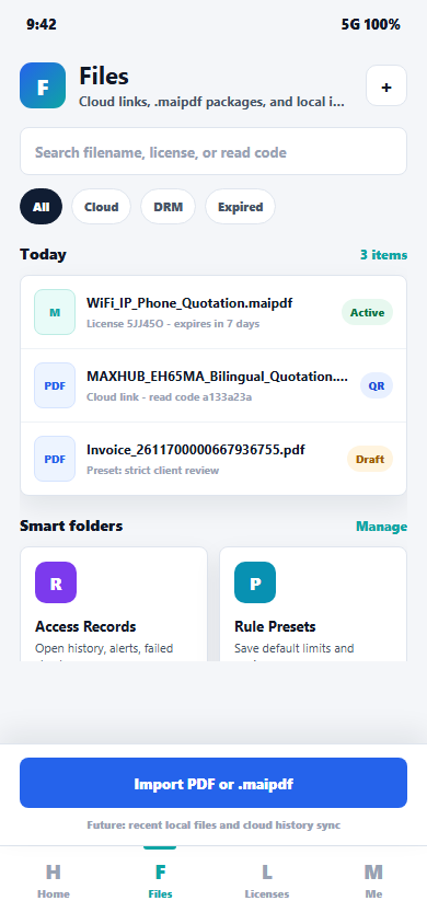 Protected files library screen for MaiPDF App DRM