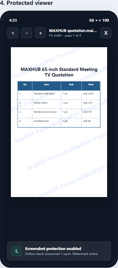 Protected viewer screen for MaiPDF App DRM