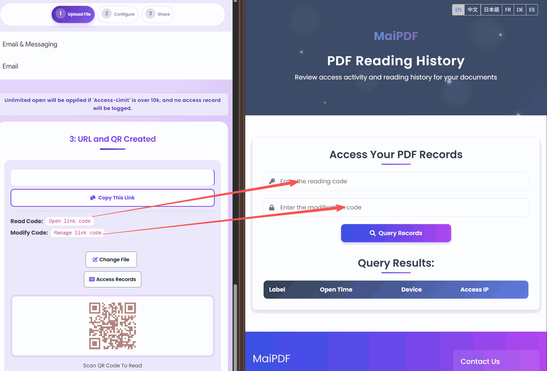 PDF access record table with viewer details