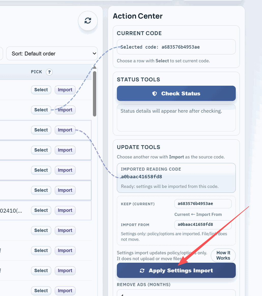 Replace PDF from the control panel — select current link, import or swap file